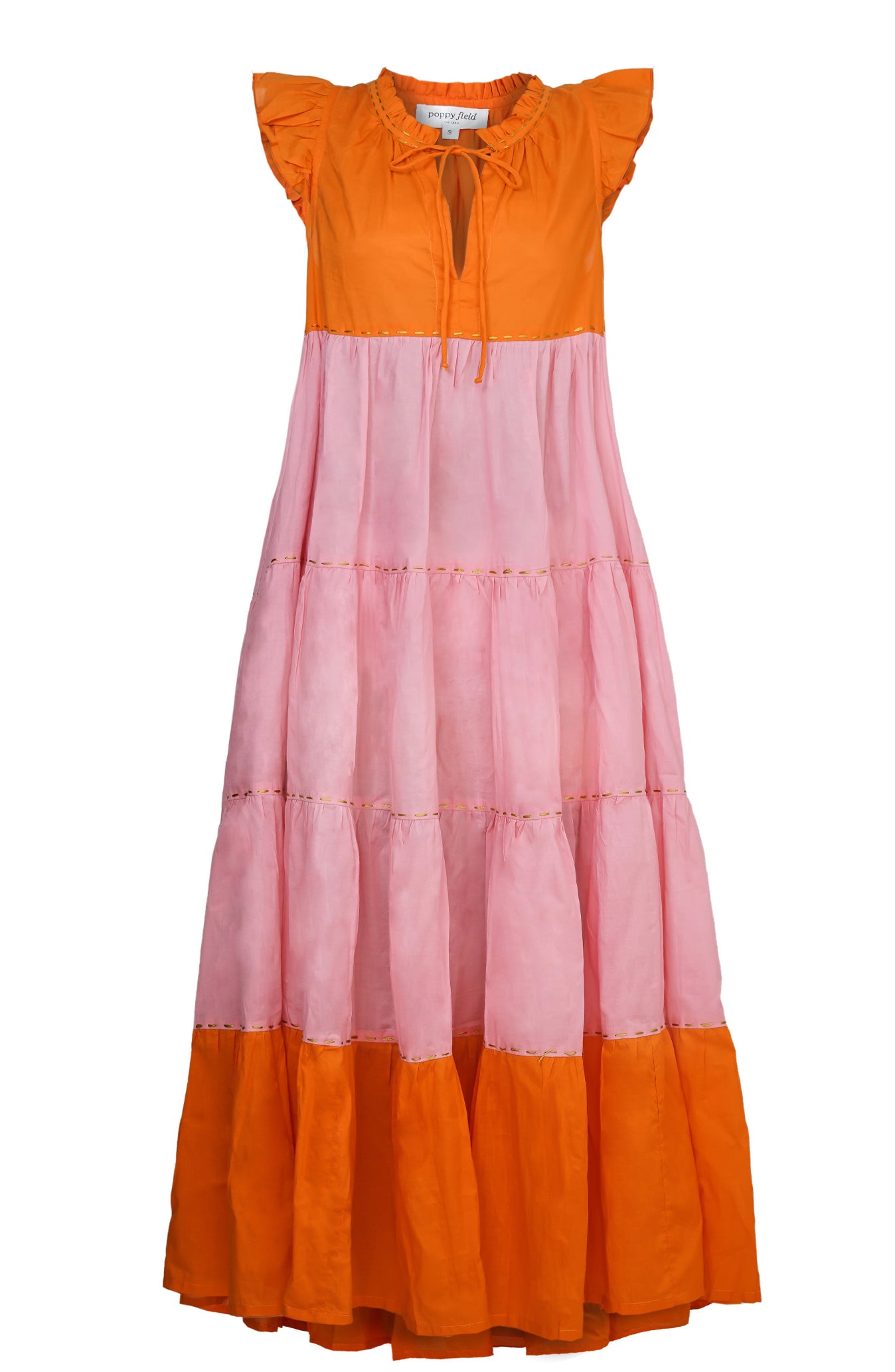 Anya Maxi Dress - Orange Pink with hand-sewn gold thread
