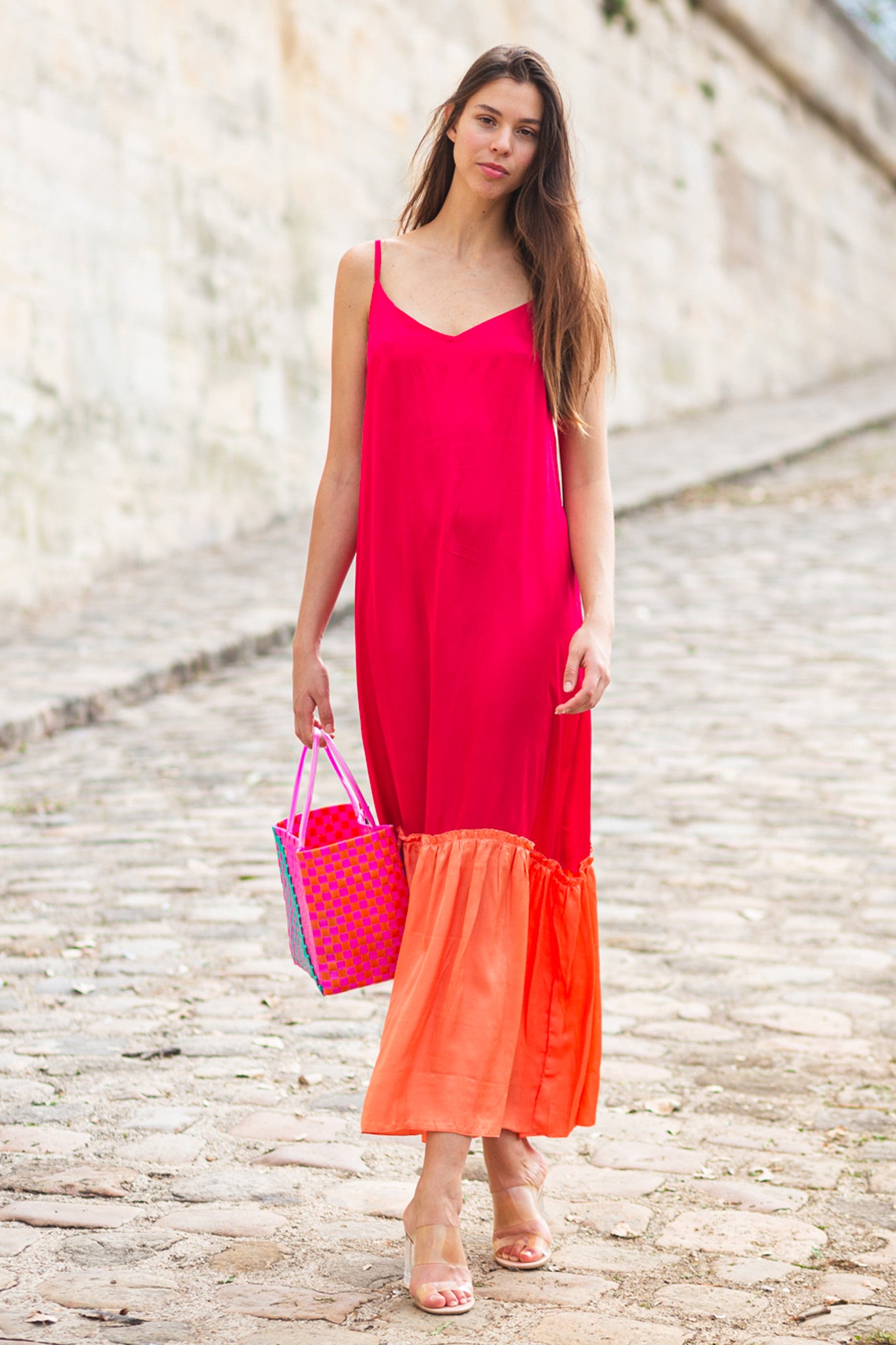 Abbesses Satin Maxi Dress - Pink Orange
